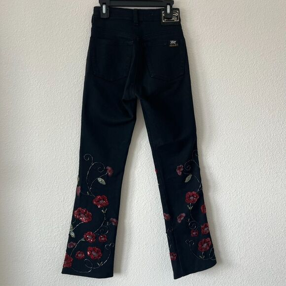 Parasuco Sequin Beaded Embellished Floral Black Flare Jeans Size 24 Vintage Y2K - Picture 3 of 7